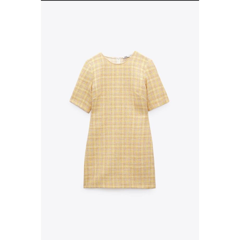 Zara Textured Tweed Weave Yellow Mini Dress Size M
